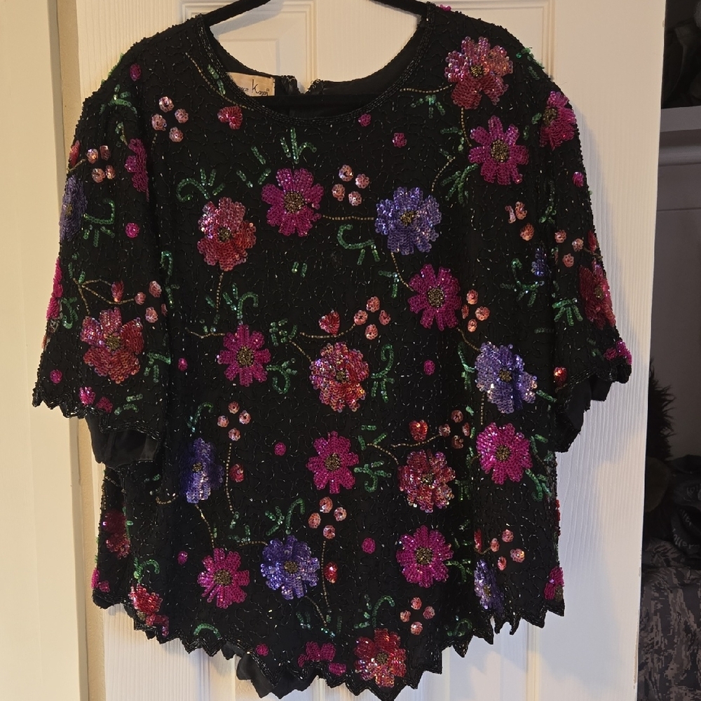 Vintage Laurence Kazar Black Top Beaded Floral 100% Silk